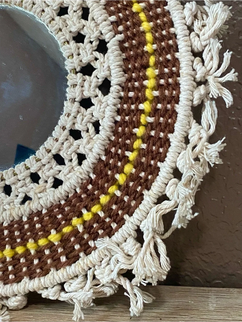 Handmade Macramé Round Wall Mirror in Cream, Brown & Yellow